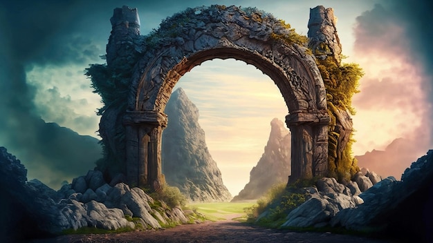 Paisagem de fantasia com um portal em arco