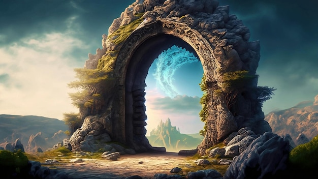 Paisagem de fantasia com um portal em arco