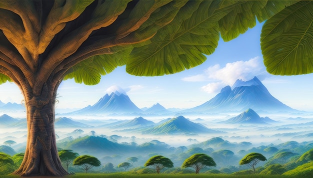 Paisagem de fantasia com uma árvore e uma montanha