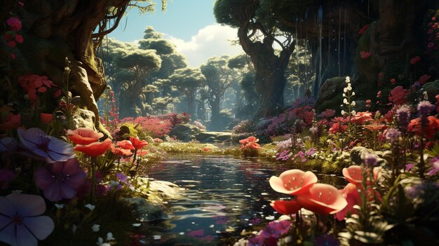 Paisagem de fantasia com uma lagoa e flores vermelhas ai gerado