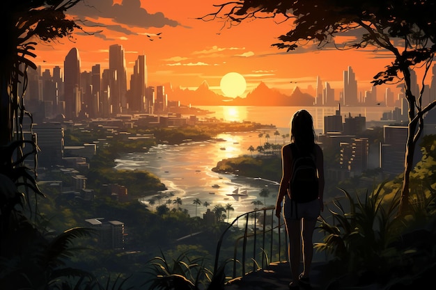 Paisagem de fantasia com uma menina e a cidade ao fundo