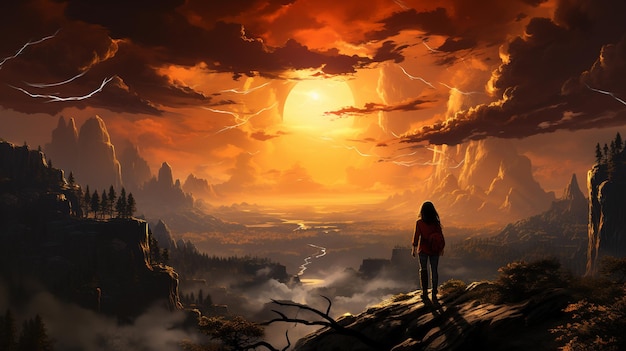 paisagem de fantasia com uma montanha e uma lua vermelha