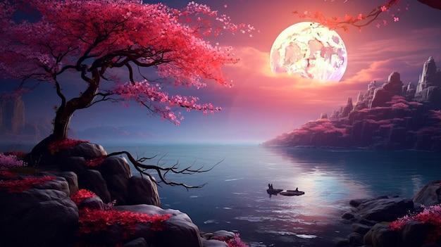 paisagem de fantasia da lua de fantasia com árvores