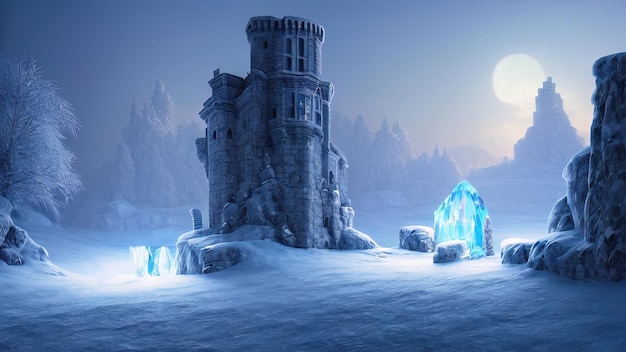 Paisagem de fantasia de noite de inverno Antigo castelo de pedra na neve Ilustração 3D do pôr do sol de néon