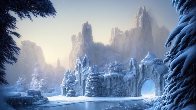 Paisagem de fantasia de noite de inverno Antigo castelo de pedra na neve Ilustração 3D do pôr do sol de néon