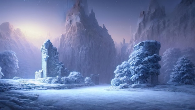 Paisagem de fantasia de noite de inverno Antigo castelo de pedra na neve Ilustração 3D do pôr do sol de néon