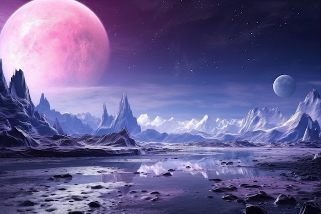 Paisagem de fantasia de planeta alienígena com céu roxo