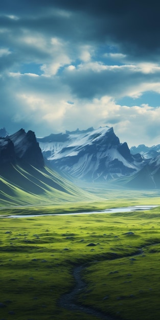 Paisagem de fantasia digital Prada verde perto das montanhas norueguesas