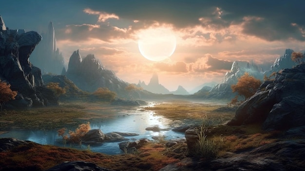 Paisagem de fantasia e céu fantástico Mundo alienígena Exoplaneta planeta paisagem AI Generative