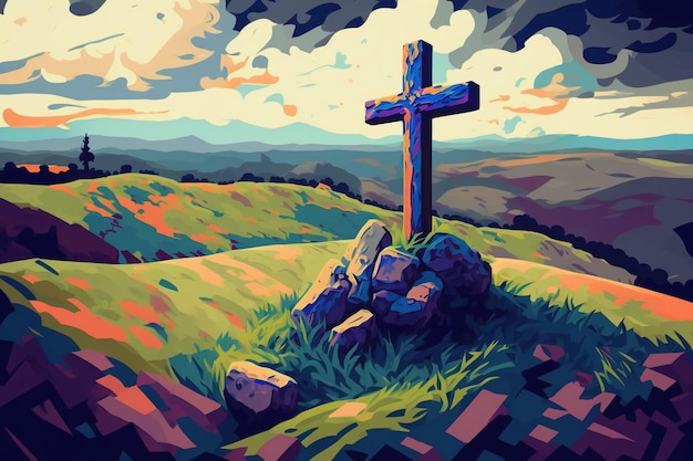 paisagem de fantasia e uma cruz no terreno Sexta-feira Santa
