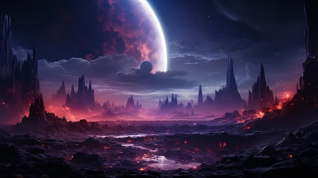 Paisagem de fantasia futurista paisagem de ficção científica com planeta luz neon planeta frio