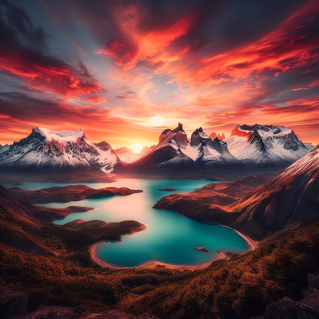 Foto paisagem de fantasia lago de montanha nas montanhas ao pôr-do-sol paisagem de natureza bonita