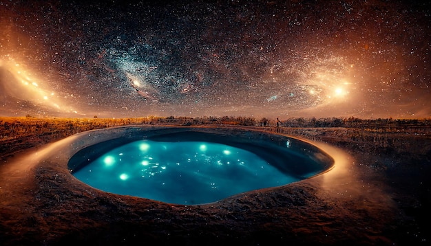 Paisagem de fantasia noturna abstrata com um céu estrelado uma piscina natural de água um lago em que a galáxia a via láctea as estrelas do universo planetas são refletidas ilustração 3D