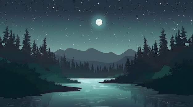 Paisagem de fantasia Rio de montanha e floresta à noite Ilustração vetorial