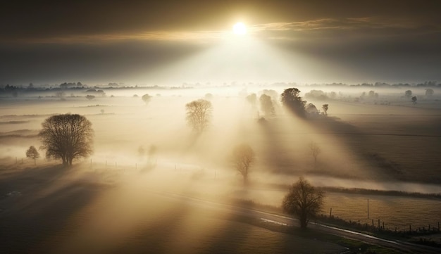 Paisagem de fazenda AI matinal generativa com campos agrícolas de sol em belos campos de neblina