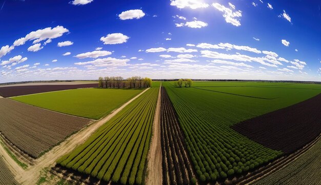 Paisagem de fazenda de ia generativa campos de trigo agrícolas belas estradas rurais