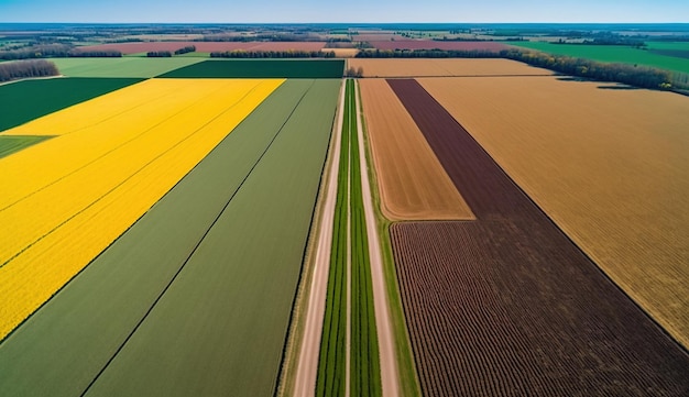 Paisagem de fazenda de IA generativa campos de trigo agrícolas belas estradas rurais