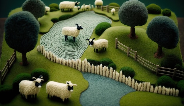 Paisagem de fazenda fofa de IA generativa feita de crochê com animais de fazenda de grama verde de rio de árvores