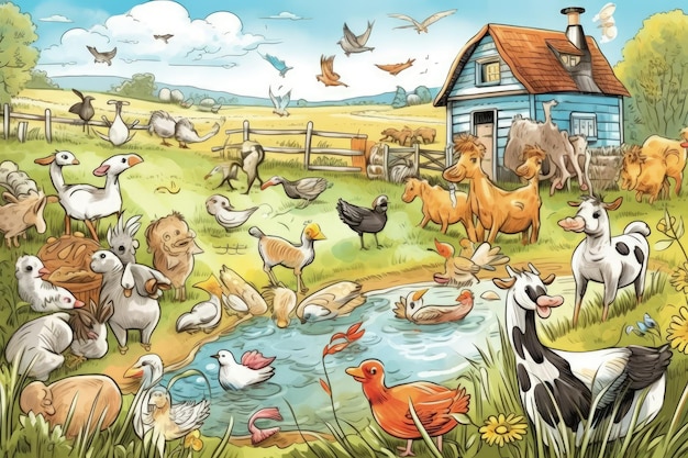 Paisagem de fazenda serena com animais pastando perto de um lago tranquilo criado com tecnologia Generative AI
