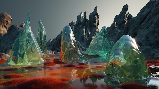 Paisagem de ficção científica com montanhas de vidro Planeta alienígena com rochas de vidro derretido Gerada por IA