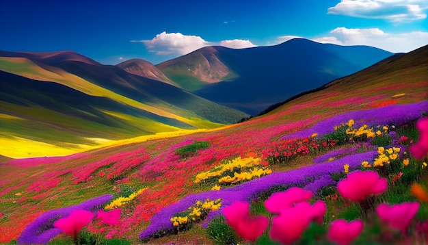 Paisagem de flores coloridas cenário de montanha Campo de verão Dia dos namorados Generativo Ai