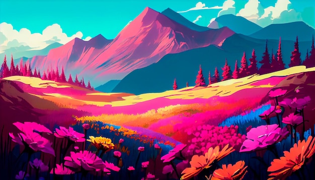 Paisagem de flores coloridas cenário de montanha Campo de verão Dia dos namorados Generativo Ai