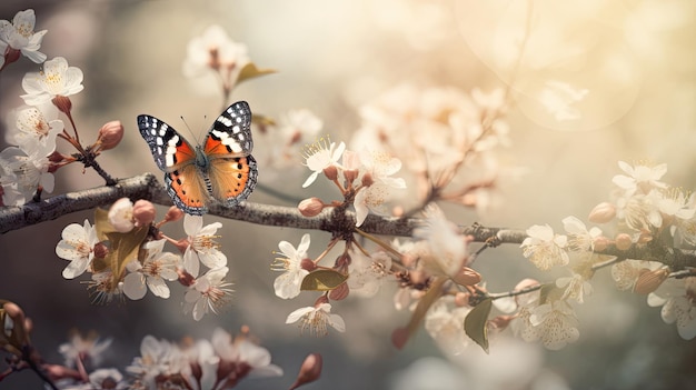 Paisagem de flores de primavera com borboleta