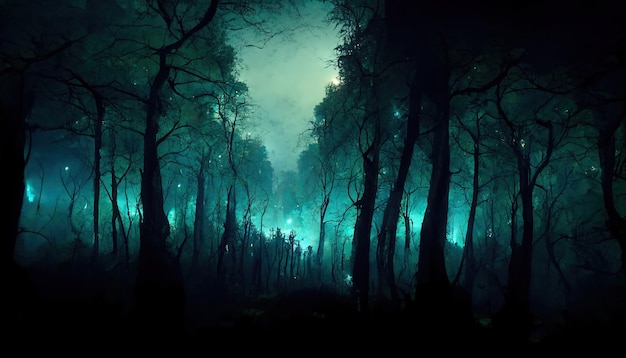 Paisagem de floresta assombrada realista à noite ilustração 3d de fundo de floresta de halloween de fantasia