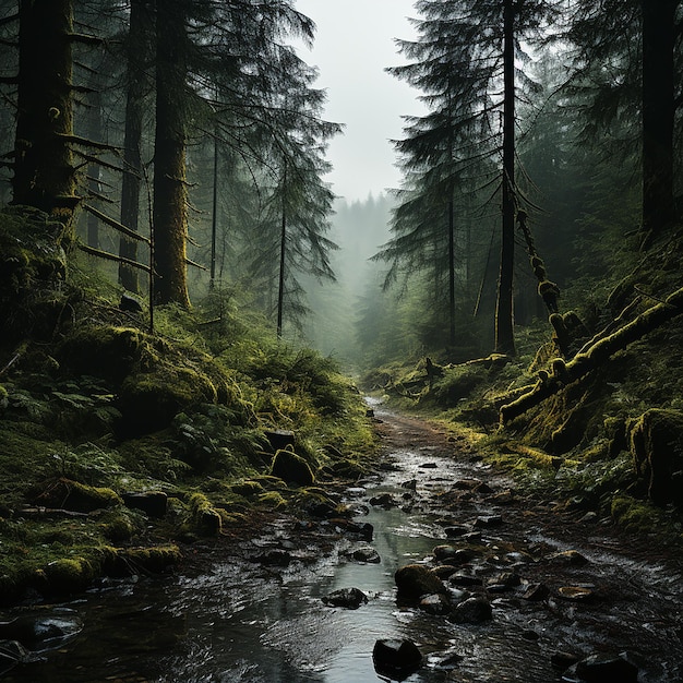Paisagem de floresta chuvosa noturna norueguesa banhada pela luz da noite