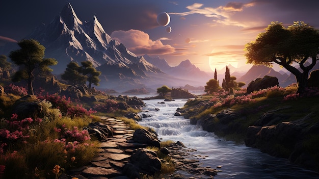 Foto paisagem de floresta de montanha de fantasia