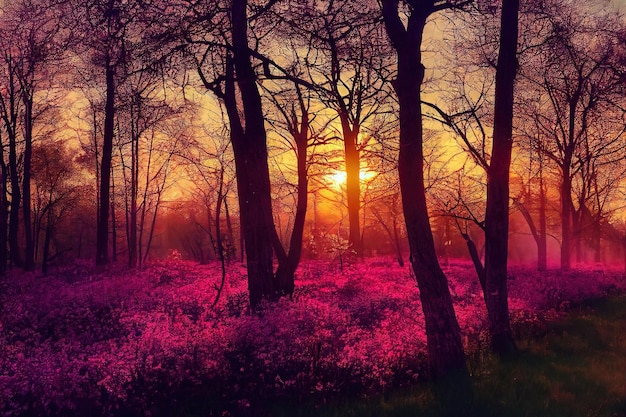 Paisagem de floresta de noite de verão com céu rosa sobre árvores e arbustos