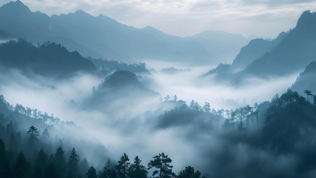 Foto paisagem de floresta mística e nebulosa