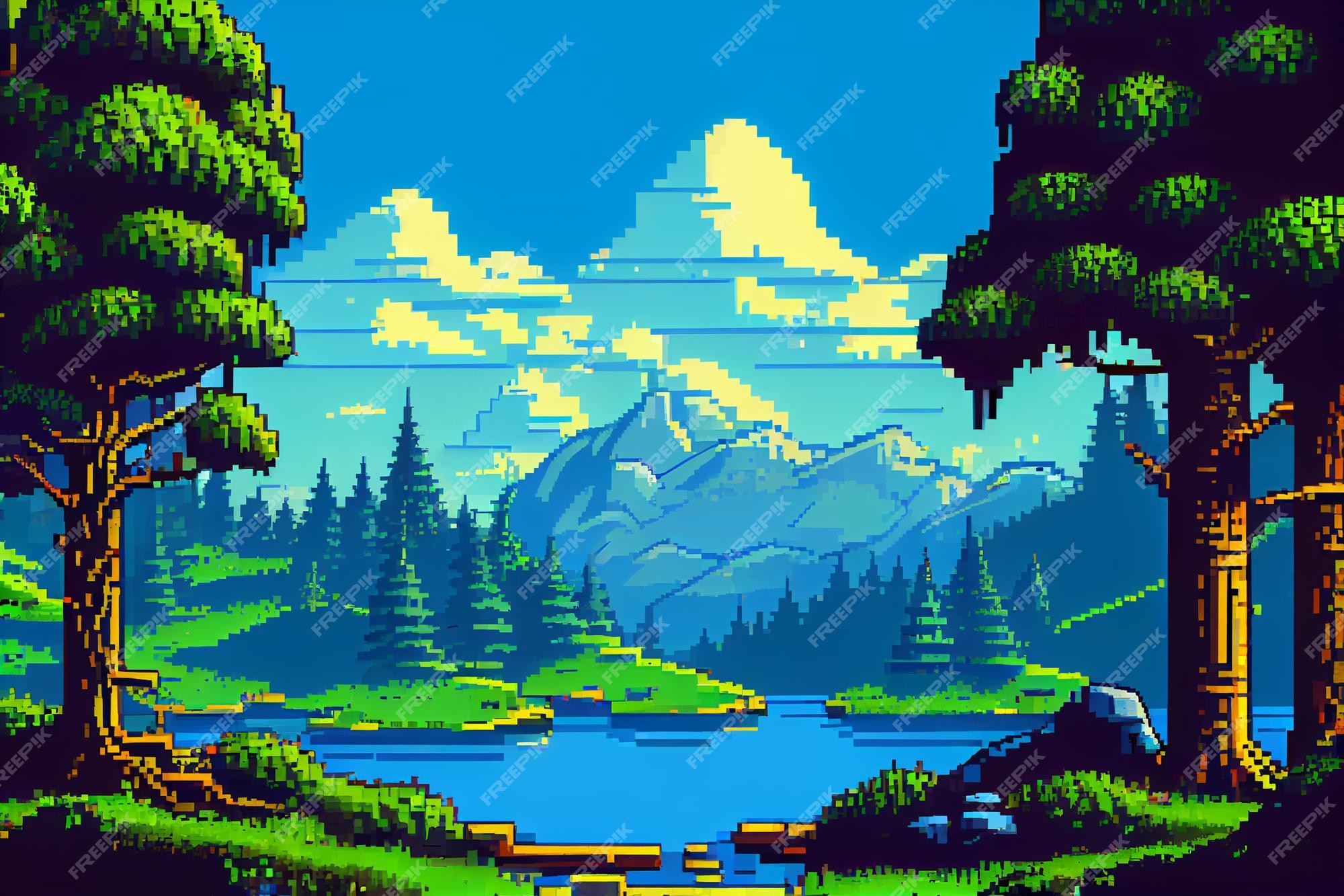 Paisagem sem costura fundo com montanhas pixel vetor(es) de stock