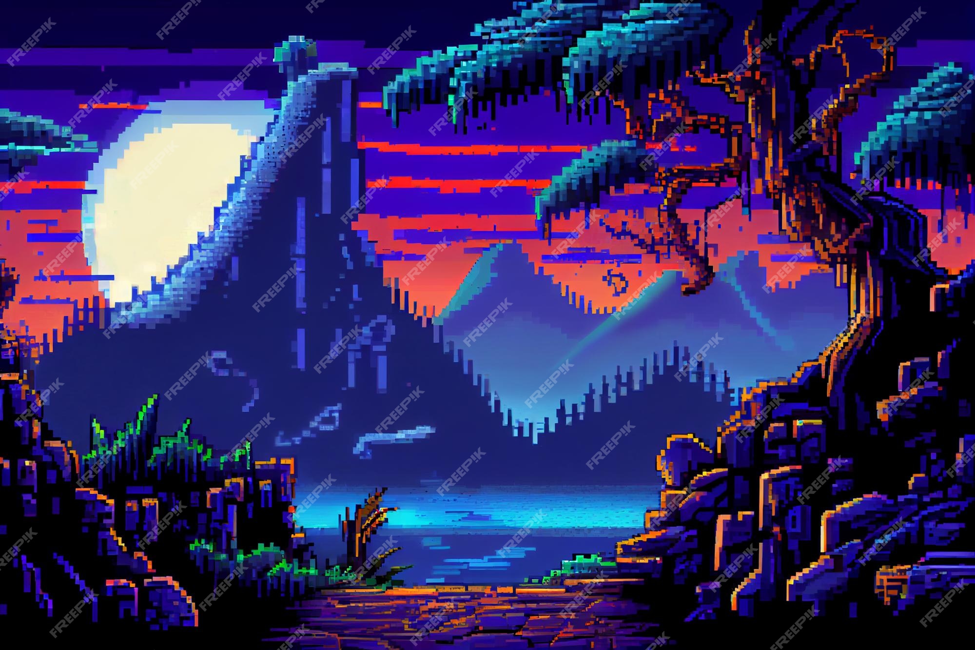 Fundo sem costura de pixel art localização com montanhas nevadas à noite  paisagem para jogo