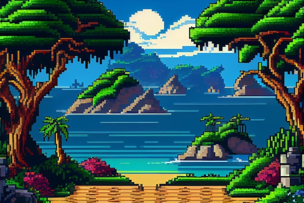 Paisagem de fundo do videogame com montanhas e florestas em pixels de 16 bits Localização da natureza do jogo de arcade retrô com pixel art montanha colinas picos de neve céu e nuvens árvores grama e lago