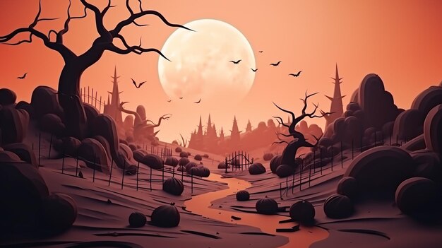 Foto paisagem de halloween com paisagem assustadora da floresta de fantasia do céu noturno ao luar ia generativa