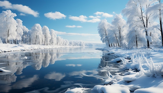 Paisagem de inverno árvores cobertas de neve refletem em tranquila lagoa congelada gerada por IA