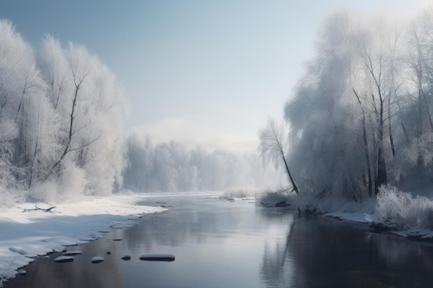 Paisagem de inverno árvores de rio na neve Gerar Ai