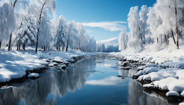 Paisagem de inverno cena tranquila água congelada reflete a beleza na natureza gerada pela IA