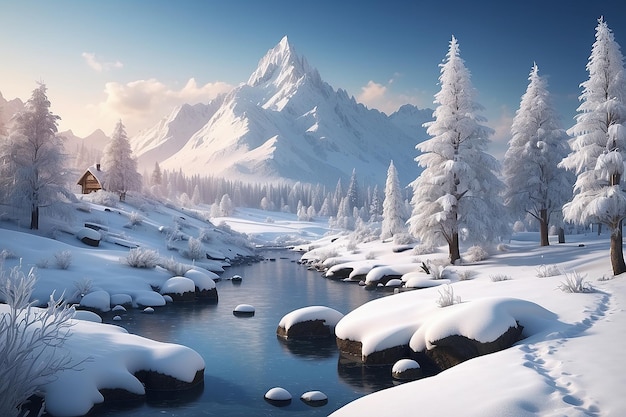 Paisagem de inverno coberta de neve em 3d