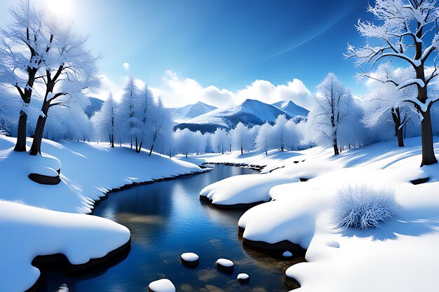 Foto paisagem de inverno coberta de neve em 3d