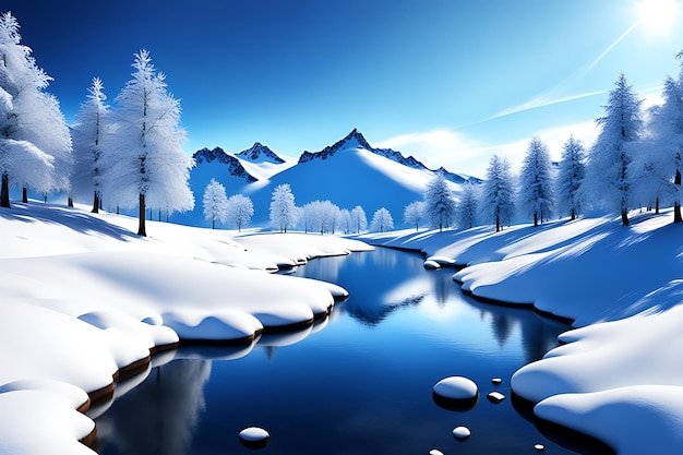 Foto paisagem de inverno coberta de neve em 3d