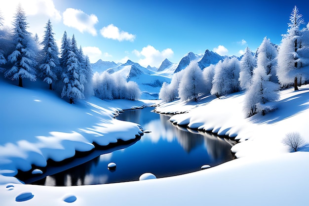 Paisagem de inverno coberta de neve em 3d