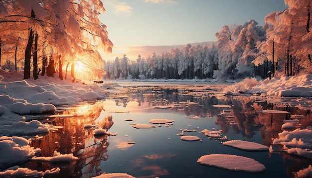 Paisagem de inverno coberta de neve floresta cena tranquila lagoa congelada reflexão do pôr-do-sol gerada pela IA