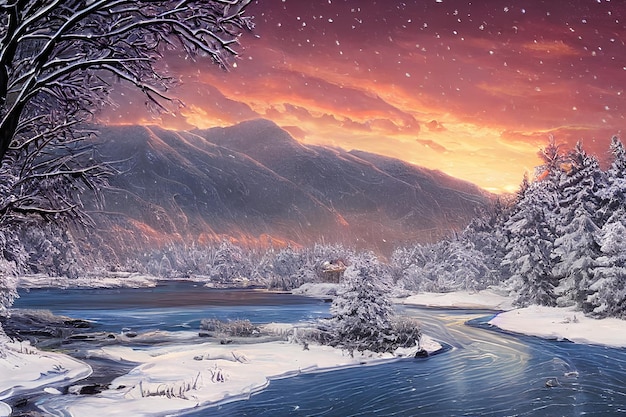 Paisagem de inverno com arte de cor de neve