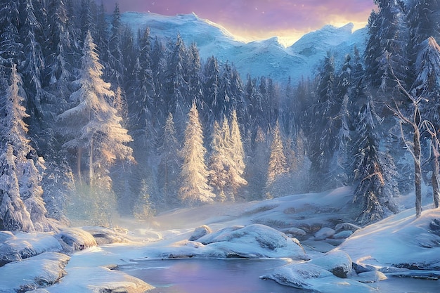 Paisagem de inverno com arte de cor de neve