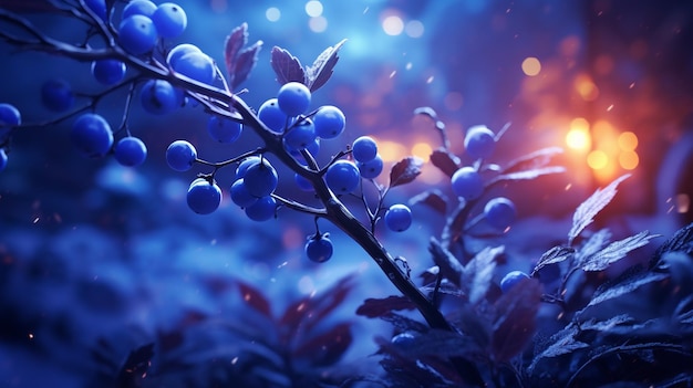 Paisagem de inverno com árvore de Natal azul e flocos de neve