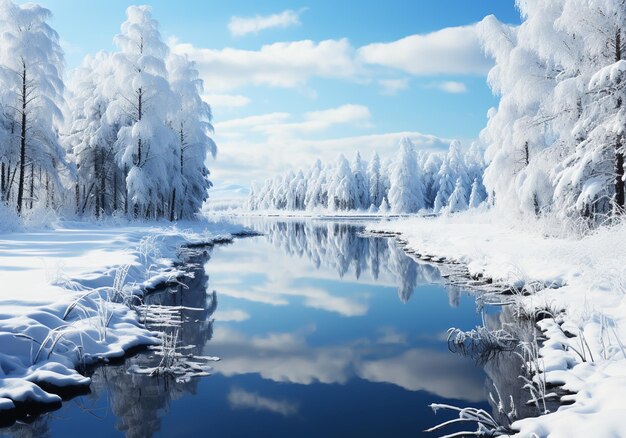Paisagem de inverno com árvores brancas e nevadas gerada pela IA