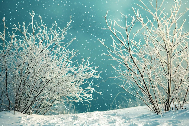 Paisagem de inverno com árvores cobertas de geada e flocos de neve