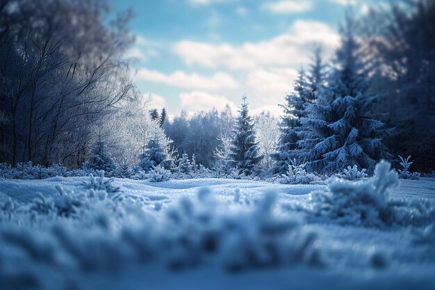 Foto paisagem de inverno com árvores cobertas de neve e céu azul com fundo de natal